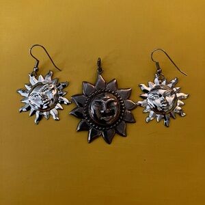 Silver Sun Face Earrings and Pendant Set